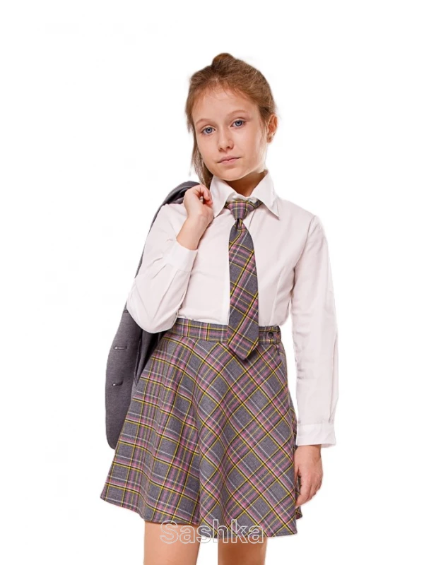 Спідниця для дівчинки Sashka шкільна напівсонце сіро-рожева клітинка (напіввовна), розмір 116-146